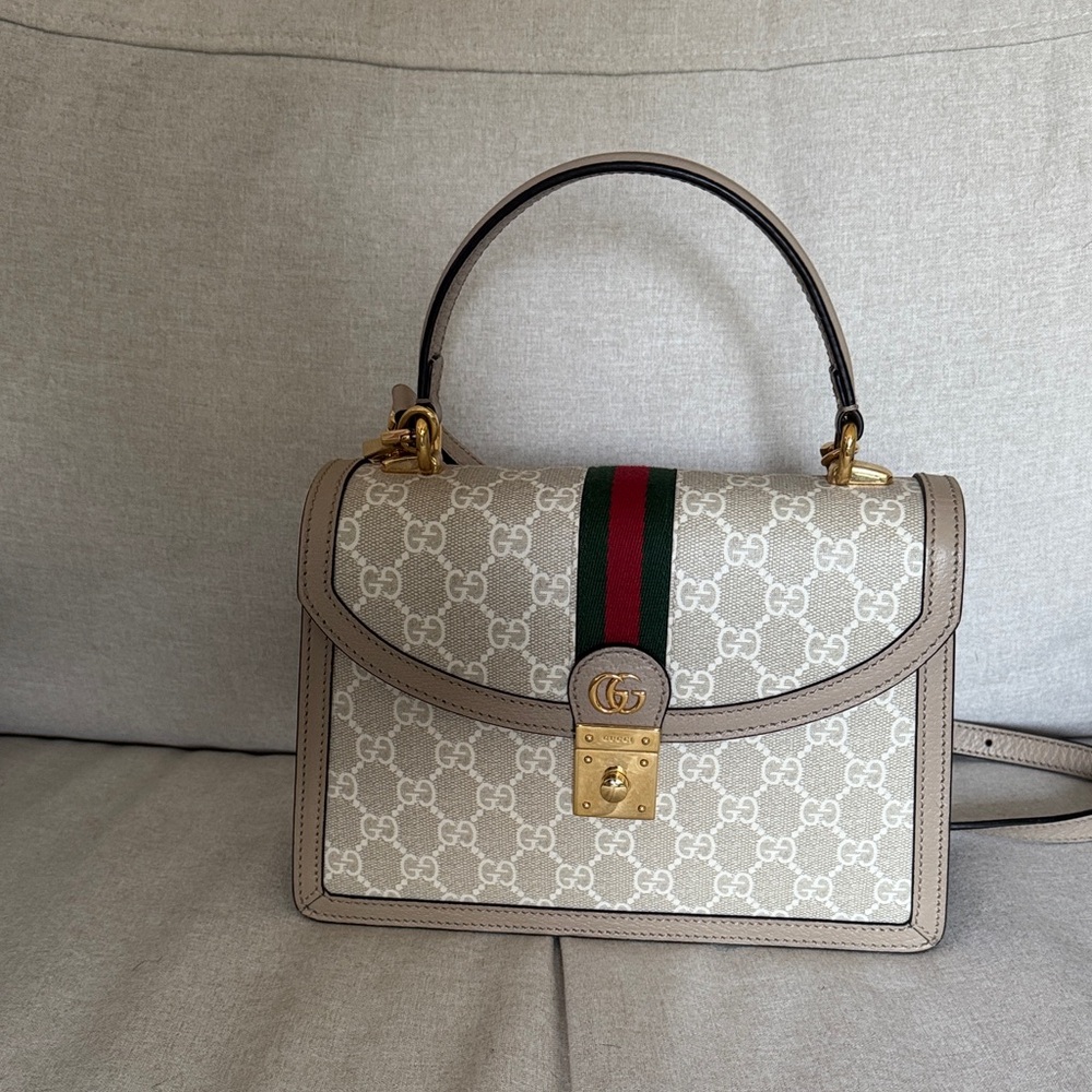 Gucci Beige and Green Monogram Satchel